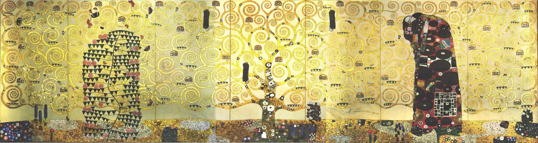 Fresco de Gustav Klimt, The Stoclet Frieze - The Embrace, em tons de ouro e azul, com figuras nus em poses sinuosas.