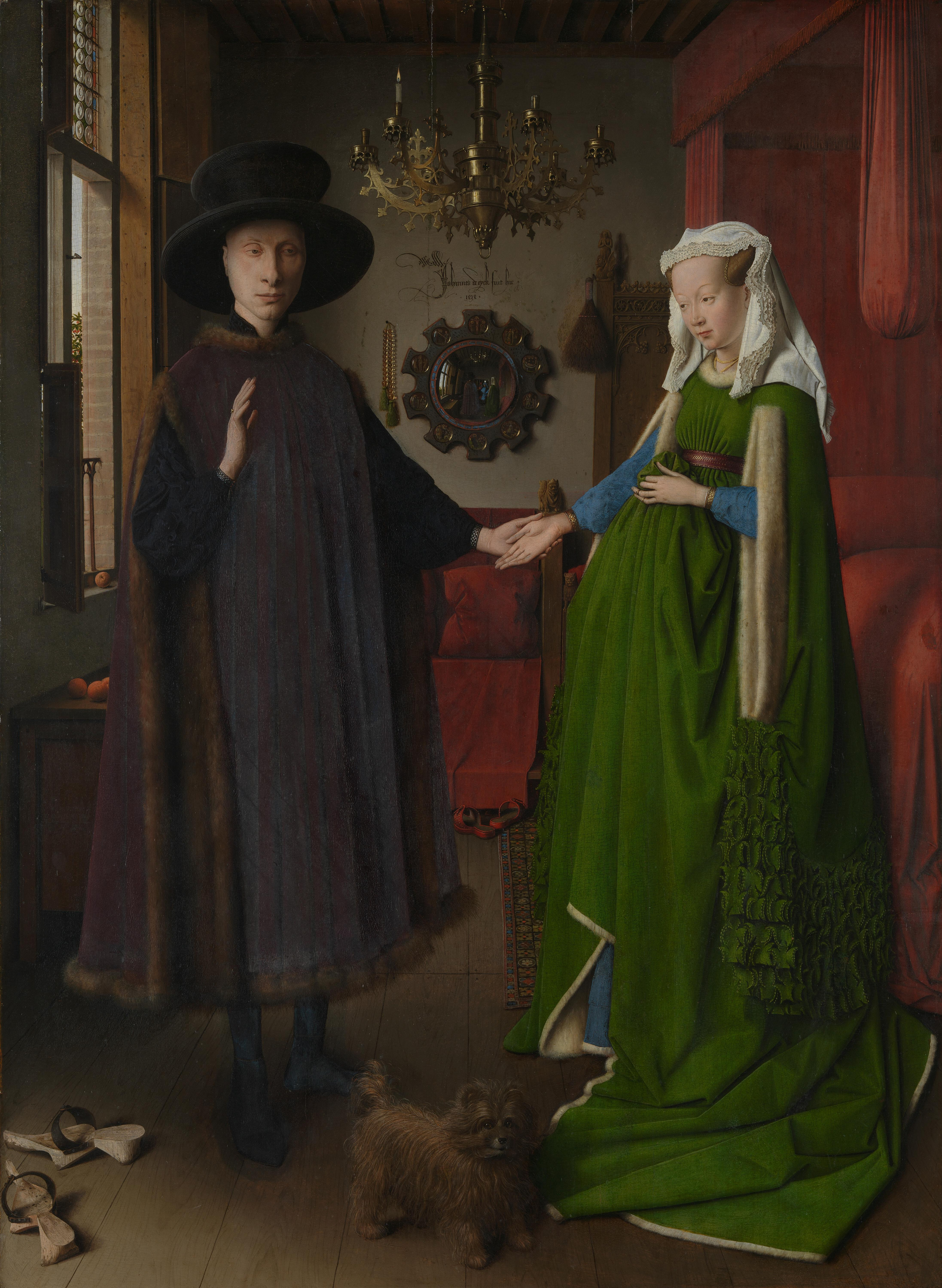 Pintura a óleo detalhada do casal Arnolfini em um interior escuro com tons azuis e marrons, mostrando o ambiente luxuoso.