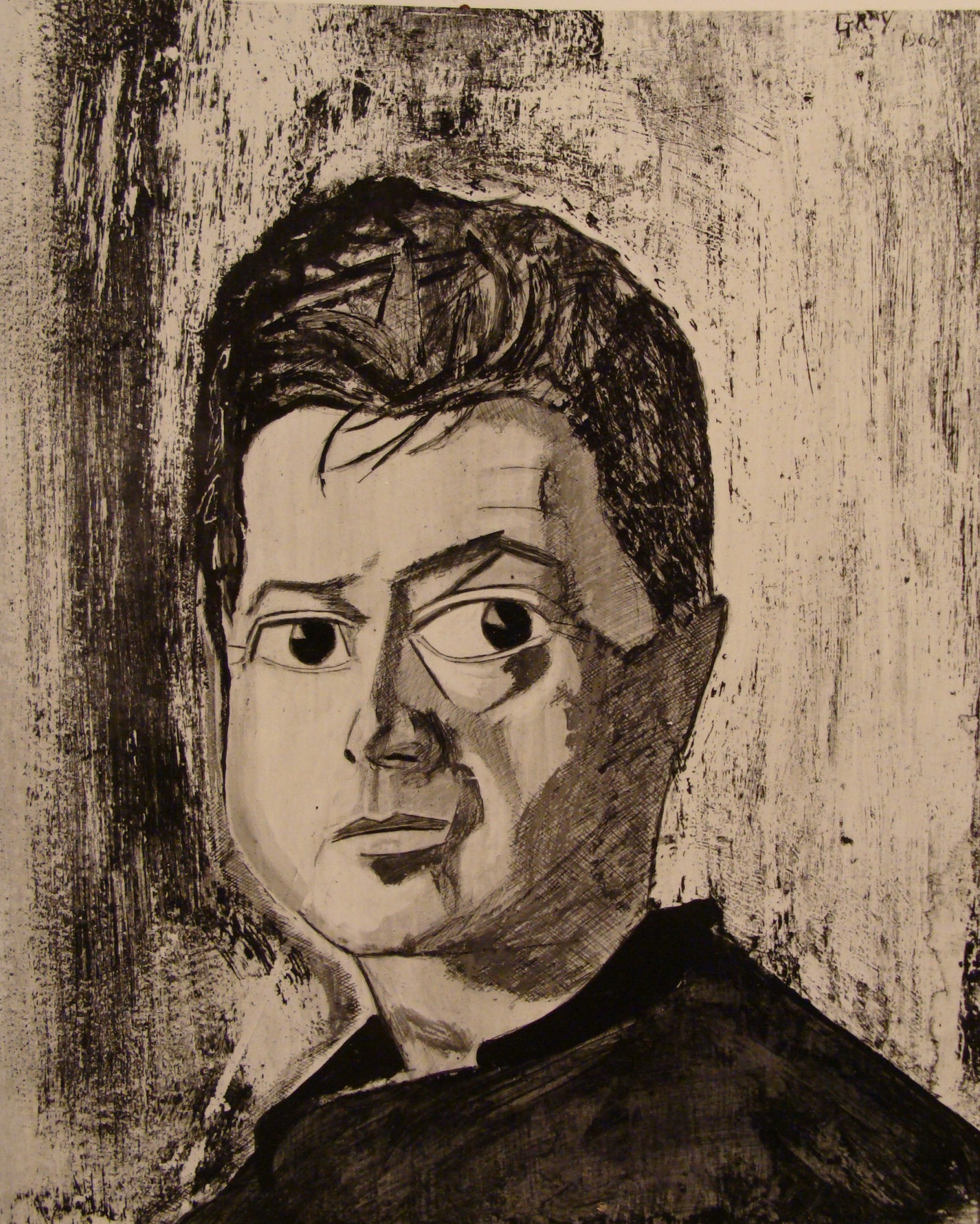 Retrato em preto e branco de Francis Bacon, com expressão sombria e olhar penetrante, vestido com terno escuro.
