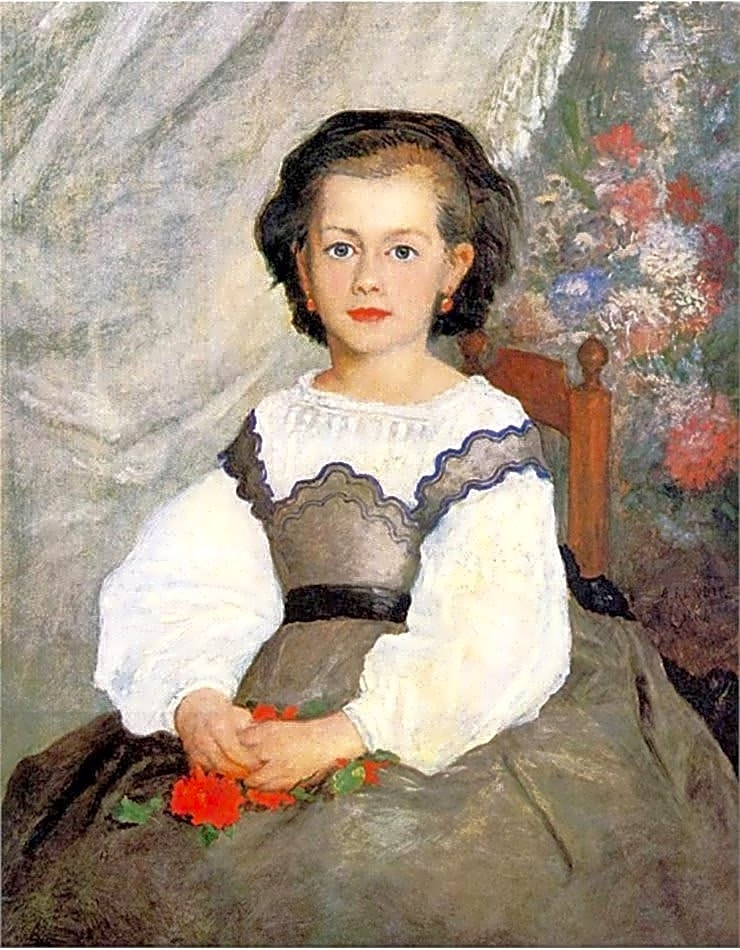 Pintura a óleo de Auguste Renoir, retratando cenas de vida cotidiana em tons pastéis de azul e verde, com figuras em movimento.