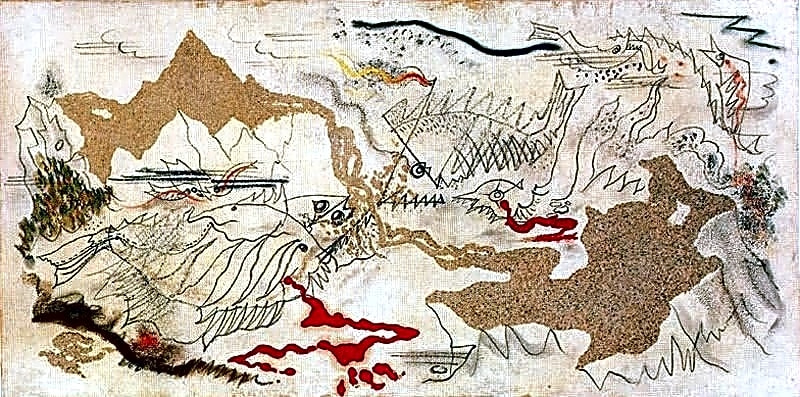 Pintura surrealista a óleo mostrando uma cena onírica com elementos distorcidos e cores vibrantes, inspirada em Max Ernst.