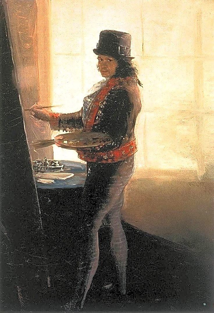 Retrato realista a óleo de Francisco de Goya, mostrando o artista em seu estúdio, com pinturas e ferramentas ao redor.