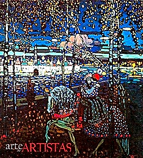 Pintura abstrata a óleo de cores vibrantes e geométricas, representando um casal em movimento em tons de azul e laranja.