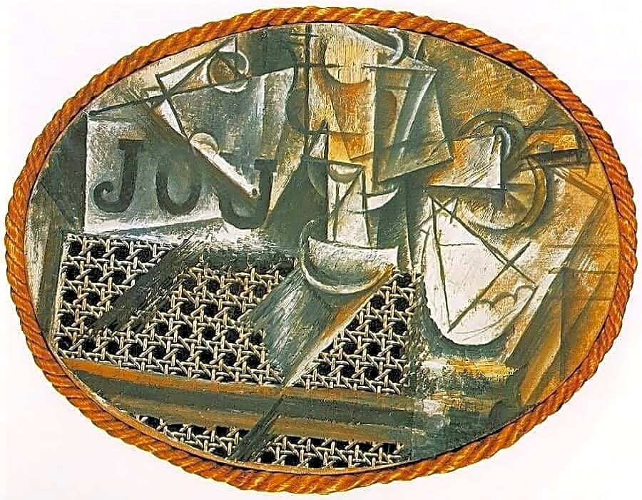 Pintura abstrata a óleo em tons de azul e cinza, representando fragmentos de formas geométricas em estilo cubista, com influências africanas e brasileiras.