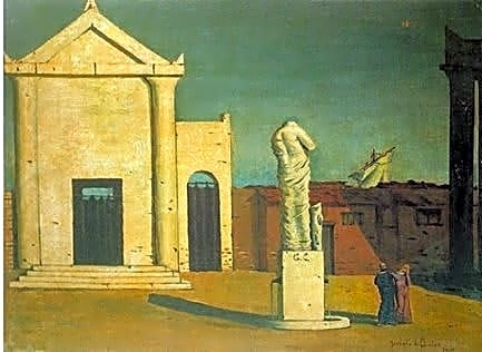 Pintura metafísica a óleo de Giorgio de Chirico, mostrando uma cidade deserta com ruínas clássicas em tons cinzentos e azuis.