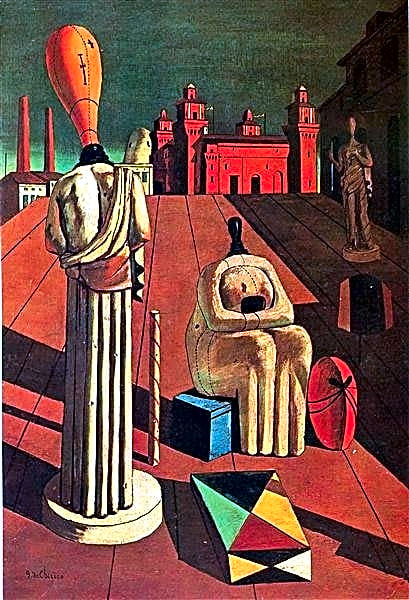 Pintura metafísica a óleo de Giorgio de Chirico, mostrando uma paisagem urbana distorcida com arquitetura grega e tons de azul e cinza.