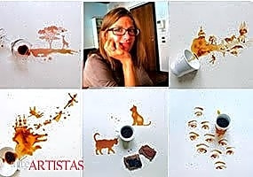 Pintura a óleo retratando uma mulher sentada em uma cafeteria, segurando uma xícara de café e um lápis, com fundo neutro.