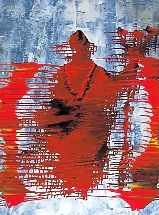 Pintura a óleo de um santuário afro-brasileiro com orixás em tons vibrantes de azul, vermelho e amarelo, com detalhes de madeira e tecido.