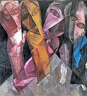 Pintura expressionista a óleo de Lasar Segall, retratando um grupo de pessoas caminhando em uma paisagem desértica, com tons de azul e cinza predominantes.