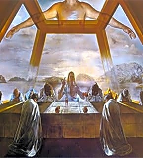 Pintura surrealista a óleo representando a Última Ceia de Jesus, com elementos distorcidos e cores vibrantes.