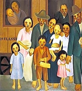 Pintura modernista a óleo retratando Tarsila do Amaral em tons pastéis de azul e rosa, com expressão introspectiva e vestido elegante.