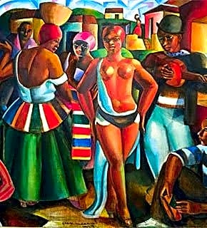 Pintura a óleo colorida e vibrante de Emiliano Di Cavalcanti retratando uma cena de samba no Rio de Janeiro, com figuras dançantes e roupas coloridas.