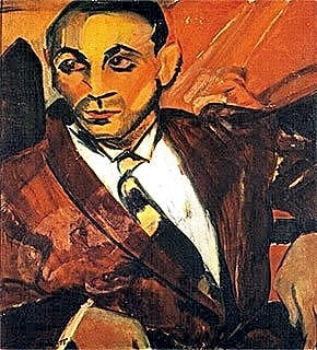 Pintura expressionista a óleo de Anita Malfatti, retratando um homem amarelo em tons vibrantes e contrastantes de azul escuro.