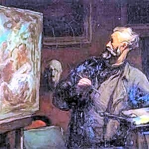 Pintura realista a óleo retratando Gustave Courbet e Édouard Manet em tons de cinza e marrons, com elementos de cidade industrial.