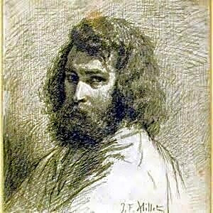 Pintura realista a óleo retratando quadro de Jean-François Millet, "O Campo de Trabalho", com cores terrosas e tons de luz.