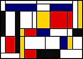 Pintura abstrata a óleo de Piet Mondrian, com linhas retas e geométricas em tons de azul e amarelo, representando o estilo De Stijl.