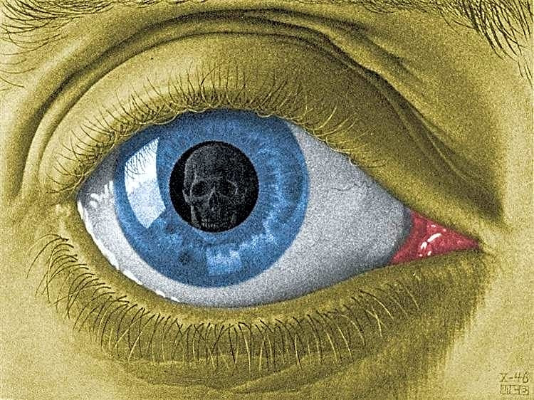 Pintura a lápis e tinta mostrando gravuras de Maurits Escher, com ilusões geométricas em tons de azul e cinza.