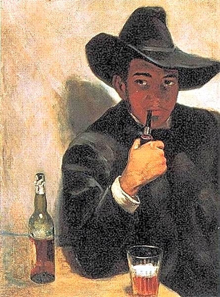 Pintura a óleo de Diego Rivera retratando detalhes de seu mural "História do Povo Mexicano" em tons vibrantes de azul e vermelho.