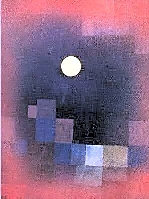 Pintura expressionista a óleo de Paul Klee, mostrando uma paisagem surreal com linhas geométricas e cores pastéis.