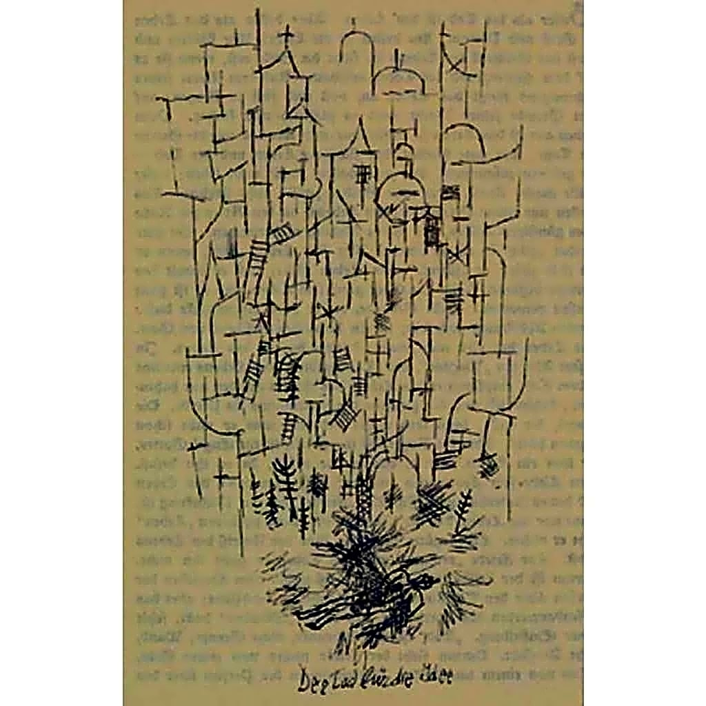 Pintura abstrata a óleo de Paul Klee, com linhas geométricas coloridas e formas orgânicas em tons pastéis e azuis claros.