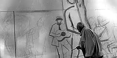 Pintura a óleo de estilo expressionista retratando Carybé em sua obra, com cores vibrantes e tons de azul e verde, mostrando a influência da cultura afro-brasileira.