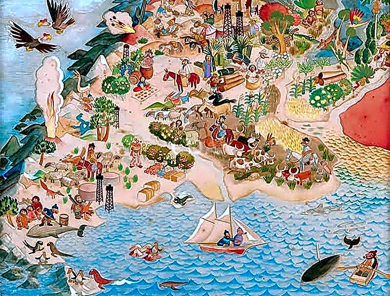 Pintura a óleo de estilo mágico realista de Carybé, mostrando cena de dança afro-brasileira com cores vibrantes e cores quentes.