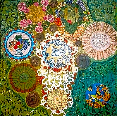 Pintura a óleo de uma mulher brasileira, Beatriz Milhazes, com expressão serena e vestido colorido, em tons pastéis e vibrantes.