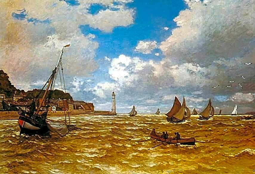 Pintura a óleo impressionista de Claude Monet, mostrando paisagem de jardim com flores coloridas e água tranquila.