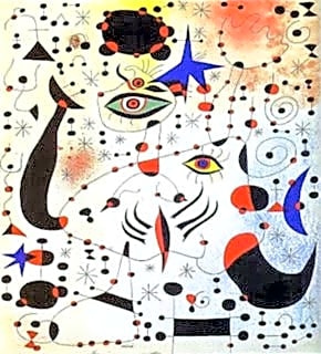 Pintura abstrata a óleo de Joan Miró, com cores vibrantes e geométricas, representando a consolidação da arte moderna.