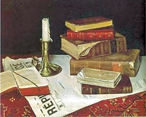 Pintura a óleo de Henri Matisse retratando sua obra "Nascidos da Pedra" em tons pastéis e vibrantes, com detalhes geométricos.