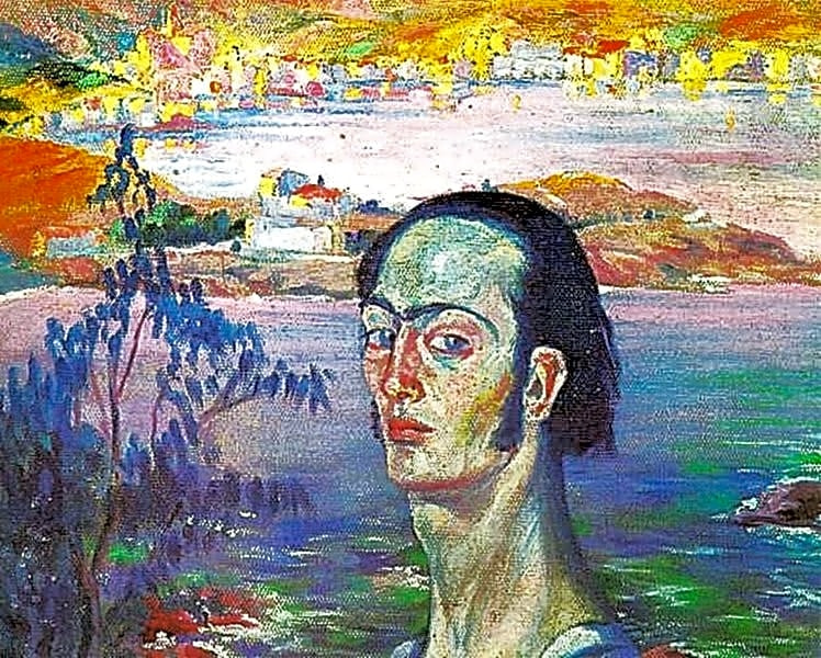 Pintura surrealista a óleo de Salvador Dalí, mostrando um autorretrato com olhar fixo e expressão enigmática, em tons de azul e cinza.