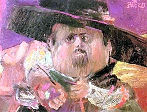 Pintura realista a óleo de Fernando Botero retratando figuras femininas com corpos voluptuosos e expressões enigmáticas.