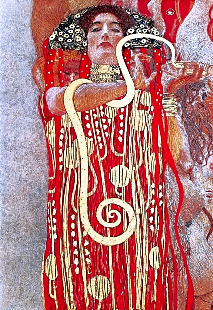 Pintura simbólica a óleo de Gustav Klimt, retratando a "Danação de Prometeu" em tons dourados e azuis, com detalhes ornamentais.