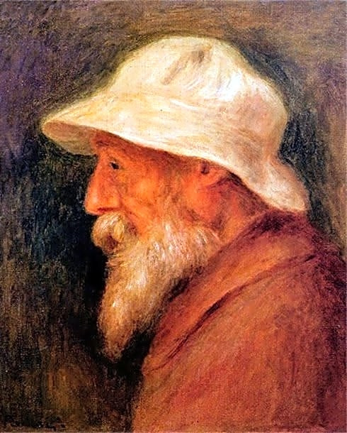 Pintura impressionista a óleo de Auguste Renoir, mostrando uma cena de campo com pessoas sentadas em uma mesa, sob um céu azul claro com nuvens brancas.