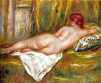 Pintura a óleo de Auguste Renoir, retratando a maturidade do artista com toques suaves de cor pastel e tons de azul.