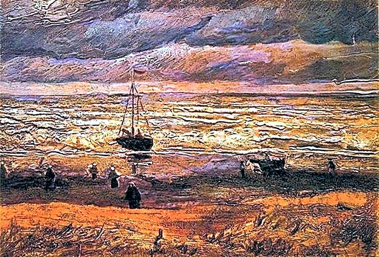 Pintura pós-impressionista a óleo de Vincent van Gogh, retratando cenas campestres em tons vibrantes de azul e amarelo.