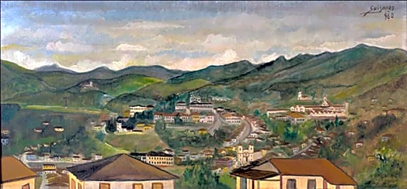Pintura a óleo de estilo modernista, retratando a paisagem mineira com cores vibrantes e linhas dinâmicas, inspirada na Escola Guignard.