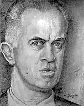 Pintura a óleo retratando o artista Alberto da Veiga Guignard em seu estúdio, com paisagens imaginativas e detalhes de retratos.