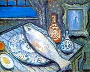 Pintura a óleo retratando o artista Alberto da Veiga Guignard em estúdio, com quadros e ferramentas de pintura ao redor.