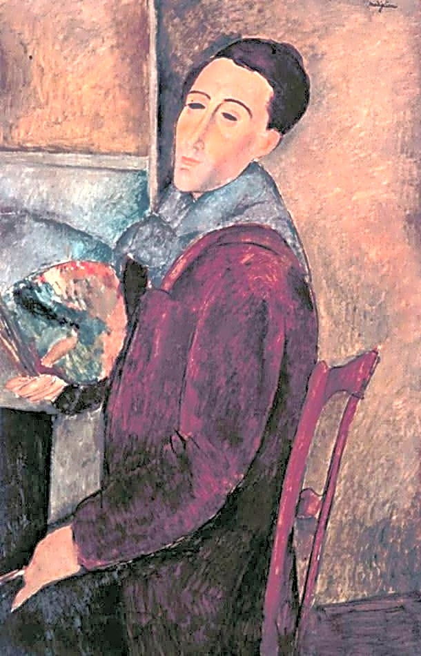 Pintura a óleo retratando Amedeo Modigliani em seu estúdio, com obras em andamento e elementos de sua vida pessoal.