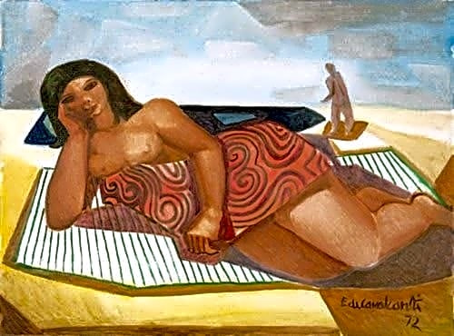 Pintura expressionista a óleo de Emiliano Di Cavalcanti retratando uma mulher elegante com vestido vermelho e chapéu preto.