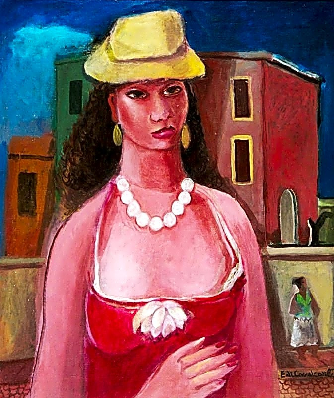 Pintura expressionista a óleo retratando Emiliano Di Cavalcanti ao lado de suas musas artísticas em tons pastéis e azuis claros.