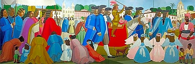 Pintura a óleo de Tarsila do Amaral, retratando paisagem brasileira com cores vibrantes e linhas geométricas, inspirada no modernismo.