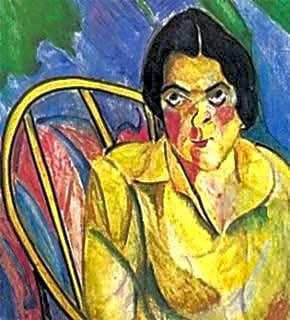 Pintura a óleo de Anita Malfatti, retratando a figura feminina em tons pastéis de azul e rosa, com toques de luz suave.