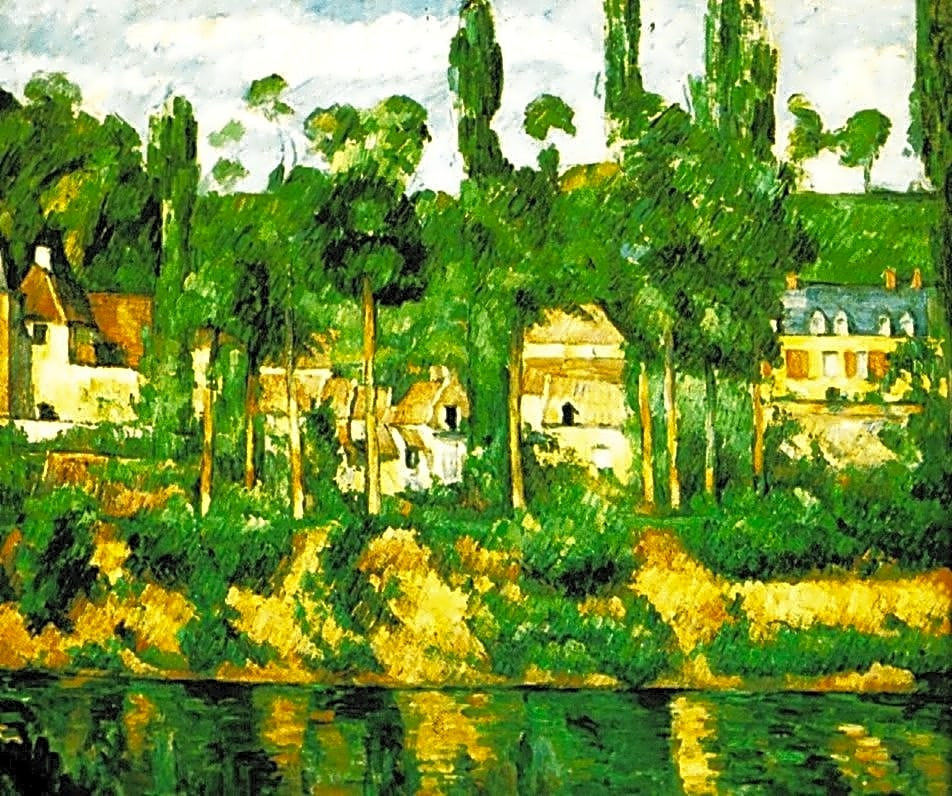 Pintura a óleo de Paul Cézanne, retratando paisagem montanhosa em tons de azul e verde, com toques de amarelo.