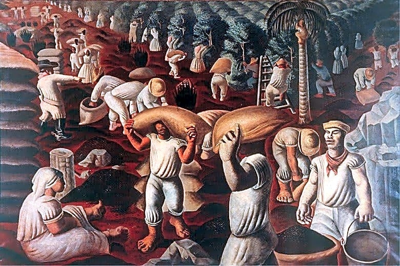 Pintura a óleo de Candido Portinari retratando cenas rurais brasileiras em tons pastéis e cores vibrantes, com figuras camponesas.