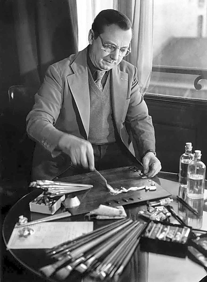 Pintura a óleo retratando Candido Portinari em sua infância, com tons de azul claro e verdes vibrantes, em uma paisagem rural brasileira.