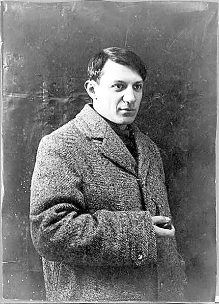 Pintura a óleo de Pablo Picasso, retratando o artista jovem em tons azuis e rosados, com elementos geométricos e expressionistas.