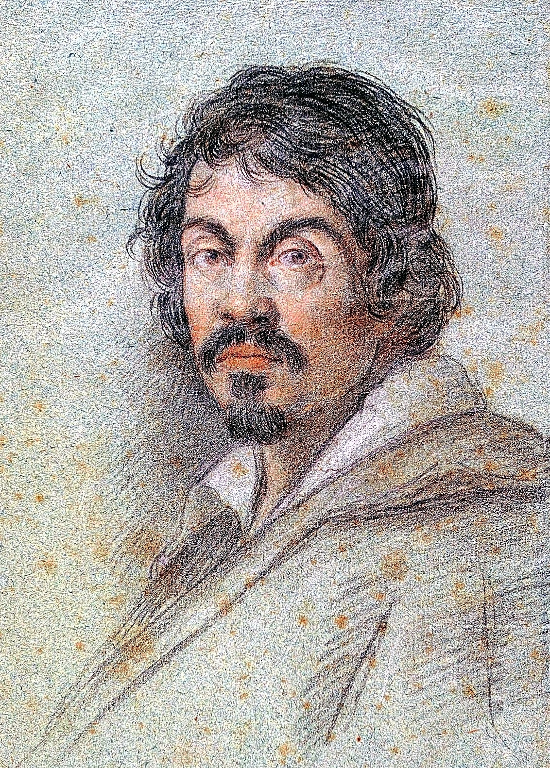 Pintura a óleo em tons sombrios e dramáticos de Caravaggio, retratando sua vida tumultuada e ascensão artística.