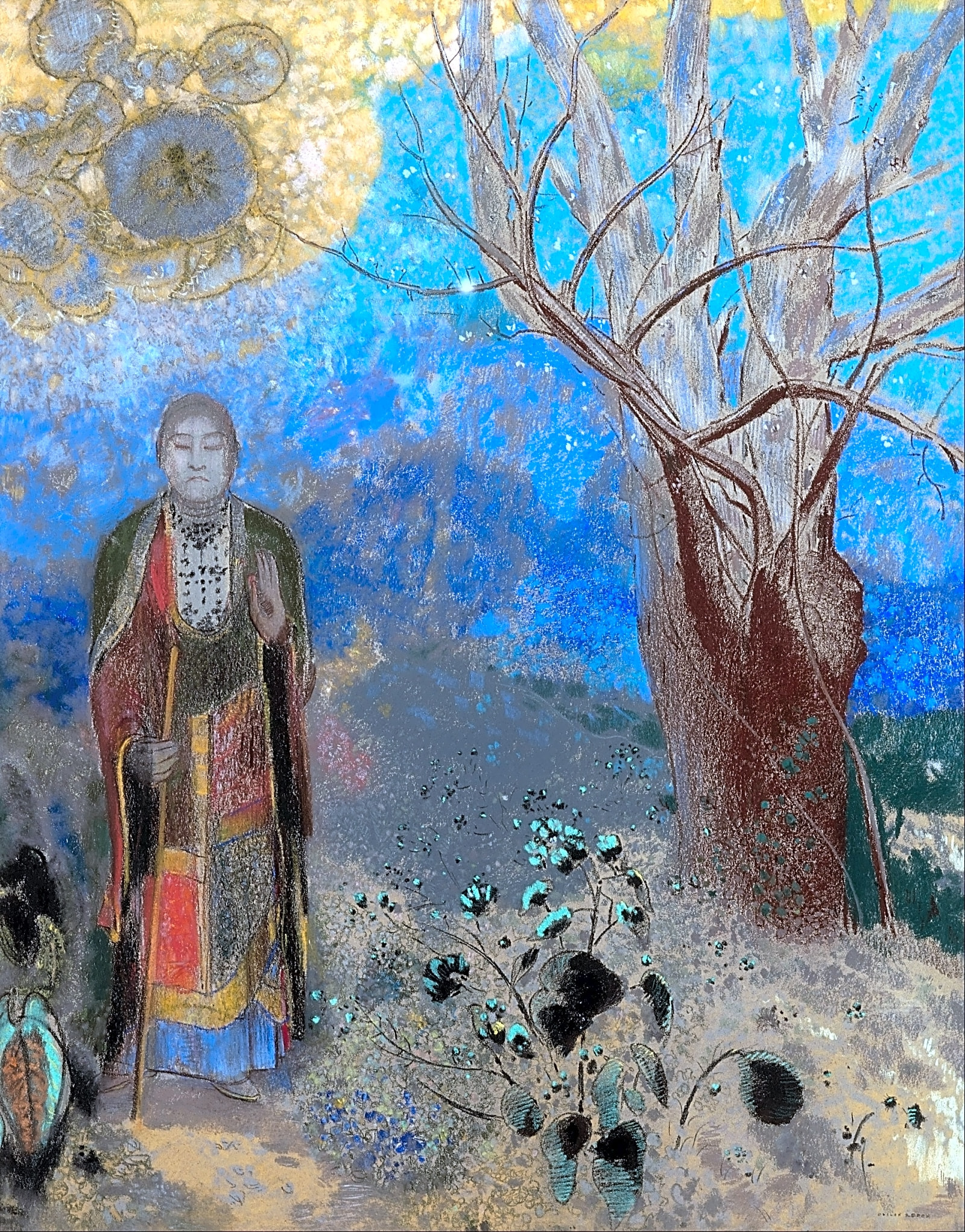 Pintura simbolista a óleo de Odilon Redon, mostrando uma cena noturna com figuras misteriosas em tons azuis e verdes sombrios.